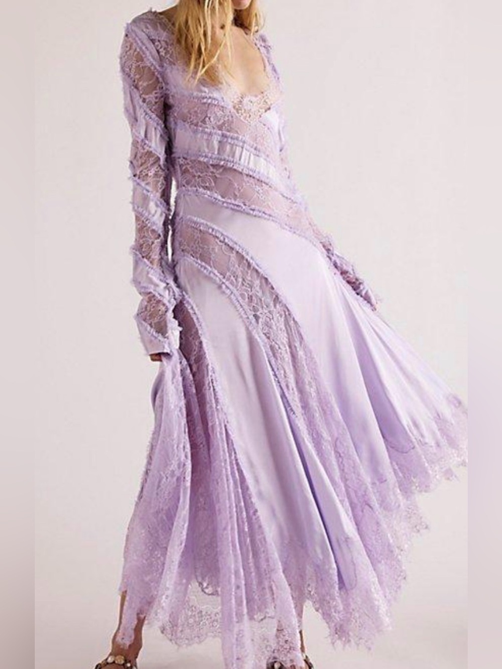 Free People Talia Eyelash Lace Ruffles Asymmetrical Bias Maxi Dress small